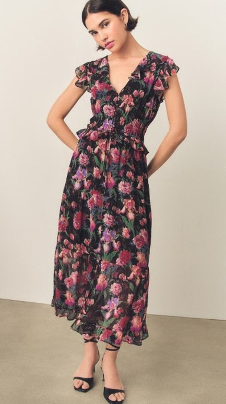 PAIGE Paradis Black Multi Floral Silk Ruffle Midi Maxi Dress SizeSmall $429